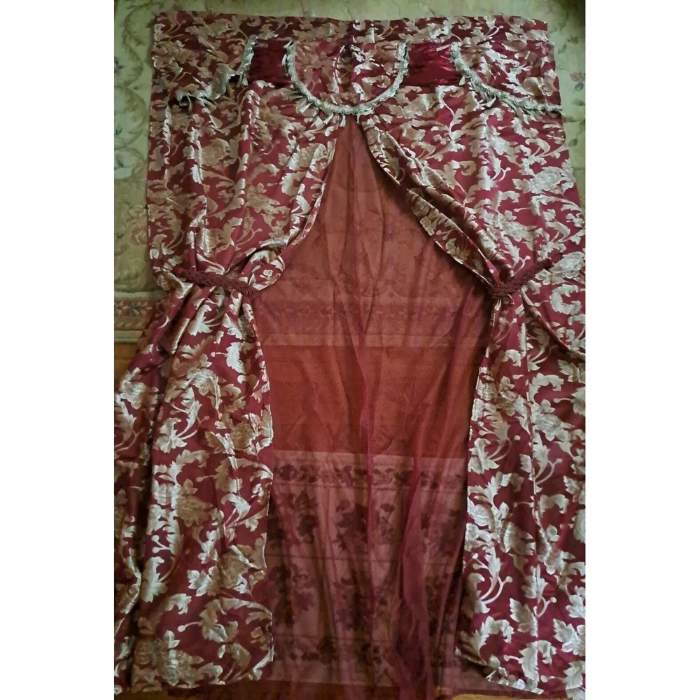 Jacquard Burgundy & Gold 84" Window Panel Curtain Attached Valance Sheer Backing
